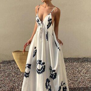 Beige Boho Women's Full Floral Print Spaghetti Strap Dress